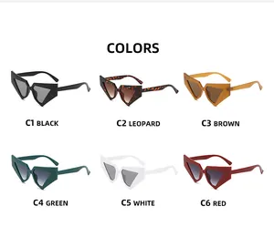 Collage of six cat-eye sunglasses in black, leopard, brown, green, white, and red