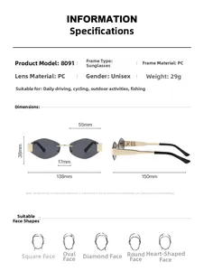 Detailed size specifications for rimless retro sunglasses with metal temples and PC lenses