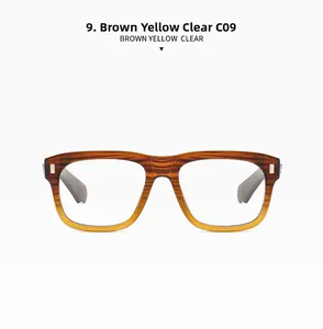 Detail of vintage gradient frame showing brown wood grain texture and clear lenses