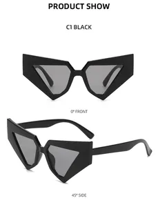 Front and 45-degree views of black geometric cat-eye sunglasses with dark grey lenses