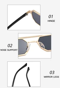 Detailed views of gold metal hinges, nose pads, and mirror legs on polygon sunglasses