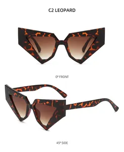 Detailed front and side views of leopard print cat eye sunglasses with gradient lenses