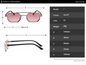 Size guide for polygon metal sunglasses showing frame width, height, and alloy material specs