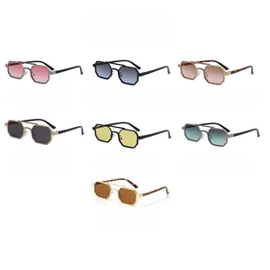 Detailed array of seven polygon metal sunglasses in various color lenses and frames