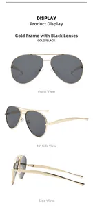 Front and side views of gold metal aviator sunglasses with classic dark grey lenses