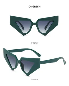 Detail view of green cat eye sunglasses showing front and 45-degree side angles