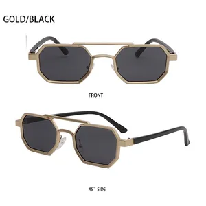Front and side view of gold metal polygonal sunglasses with black lenses and geometric frame