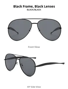 Front and 45-degree side views of black pilot sunglasses with metal frames and grey lenses