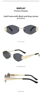 Frameless rimless sunglasses with geometric grey lenses and gold metal temples