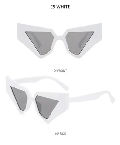 Detailed views of white geometric cat eye sunglasses with grey lenses in front and side angles