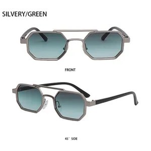 Detailed front and side views of silvery polygonal sunglasses with green gradient lenses
