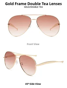 Front and side views of gold aviator sunglasses with brown gradient lenses and metal frame