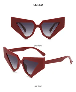 Front and side views of red cat-eye sunglasses with gradient lenses and modern geometric frame