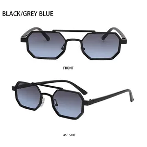 Front and 45-degree side views of black polygonal sunglasses with grey blue gradient lenses