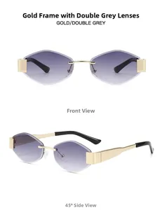 Detail view of gold rimless sunglasses with purple gradient lenses and diamond-cut edges