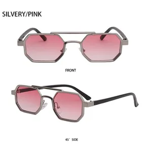 Polygonal metal sunglasses with silver double bridge frame and pink gradient lenses