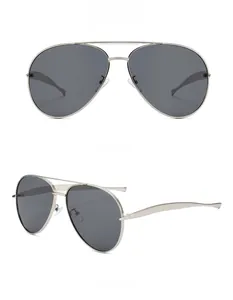 Dual view of silver aviator sunglasses with dark grey lenses and metallic frame