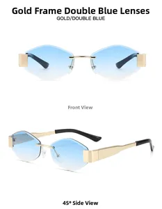 Close-up of rimless gradient blue geometric lenses with gold metal temples from multiple angles