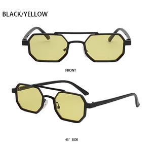 Detailed front and side views of black polygonal sunglasses with yellow lenses
