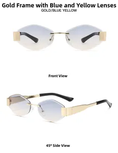 Front and 45-degree side views of rimless gradient blue and yellow tinted sunglasses