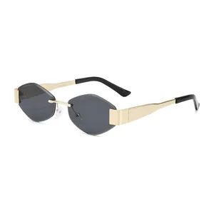 Rimless Geometric Sunglasses Retro Metal Frame UV400 Protection Cut Edge Gradient Lens Fashion Eyewear For Men Women
