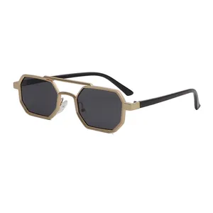 Retro Polygon Metal Frame AC Lens Sunglasses Double Bridge UV400 Fashion Eyewear For Men Women Trendy Geometric Shades
