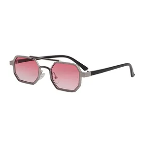 Octagonal metal sunglasses with gradient pink lenses and double bridge design on white base