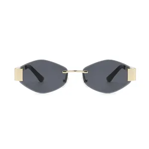 Frameless geometric cut-edge metal sunglasses with dark grey lenses and gold hardware