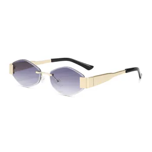 Frameless rimless geometric sunglasses with purple gradient lenses and gold metal frames