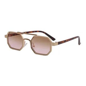Retro octagonal metal sunglasses with double bridge and gradient lenses in 45-degree view