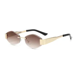 Retro rimless sunglasses with cut-edge gradient brown lenses and gold metal temples