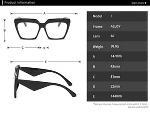 Size chart for cat-eye sunglasses detailing alloy frame dimensions and 38.8g weight specs