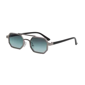 Retro polygon metal sunglasses with teal gradient lenses and double bridge design