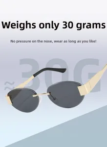 Detail view of lightweight rimless sunglasses with gold metal legs weighing only 30g