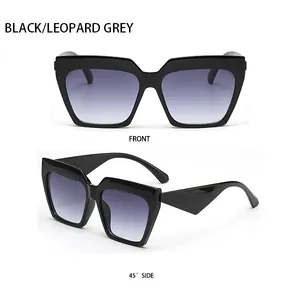 Front and 45-degree side view of black square cat-eye sunglasses with grey gradient lenses