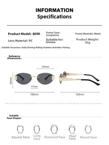 Detailed size chart for rimless metal sunglasses model 8090 with full dimensions and specs