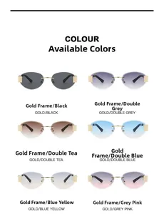 Detailed view of six color variations for rimless metal sunglasses with gold temples
