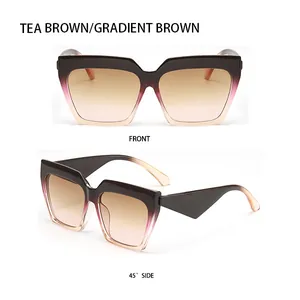 Front and 45-degree angle view of oversized square tea brown gradient sunglasses