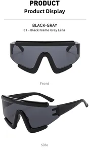 Front and side view of oversized windproof cycling sunglasses with black frame and gray lens