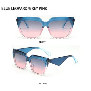 Front and 45-degree side view of blue-pink gradient square cat-eye sunglasses frames