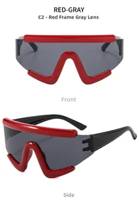 Front and side views of futuristic red oversized shield sunglasses with gray lenses
