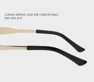 Detail view of golden metal curved temples with black anti-slip tips for eyewear comfort
