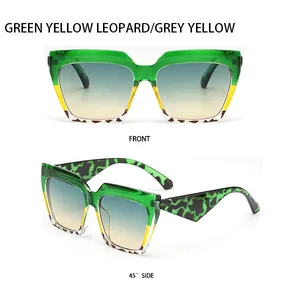 Front and side view of cat-eye sunglasses with green, yellow and leopard print frame
