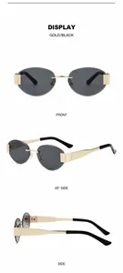 Three perspectives of rimless oval sunglasses with gold metal frame and dark grey lenses