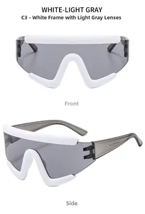 Front and side details of white shield cycling sunglasses with light grey lenses