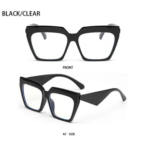 Front and 45-degree side view of black cat-eye sunglasses with clear frame details