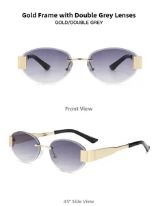 Detail view of rimless cut-edge metal sunglasses with gradient lenses and golden frame