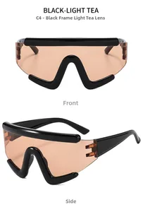 Front and side views of oversized shield sunglasses with black frames and tea lenses