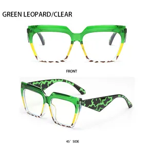 Close-up of cat-eye sunglasses with green leopard gradient frames from front and side views