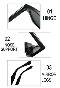 Close-up of integrated hinges, comfortable nose pads, and wide temples of black sunglasses